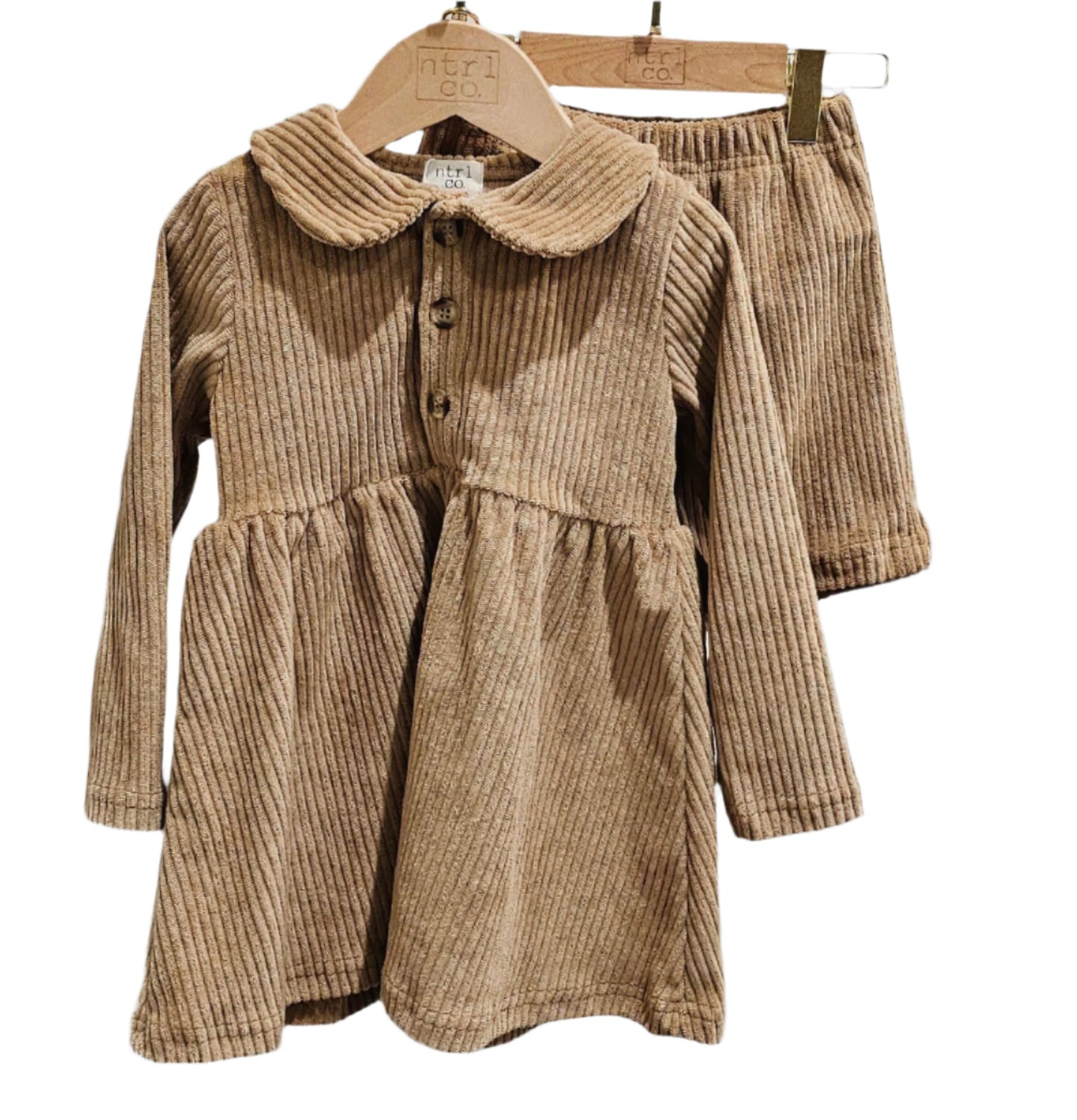 Corduroy Collared Long Sleeve Dress w/Biker Short Woodland Beige