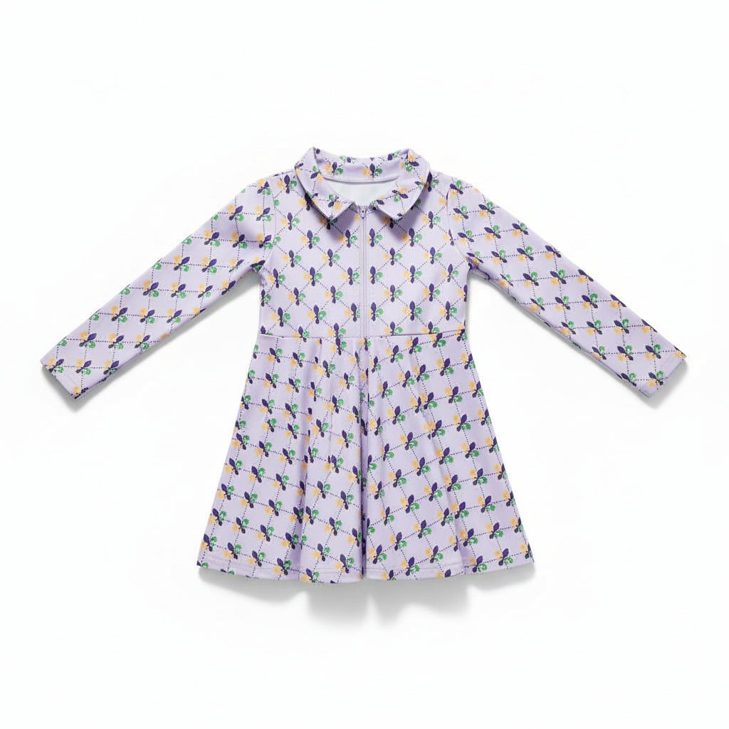 Long Sleeve Collared Activewear Dress - Mardi Gras Fleur De Lis