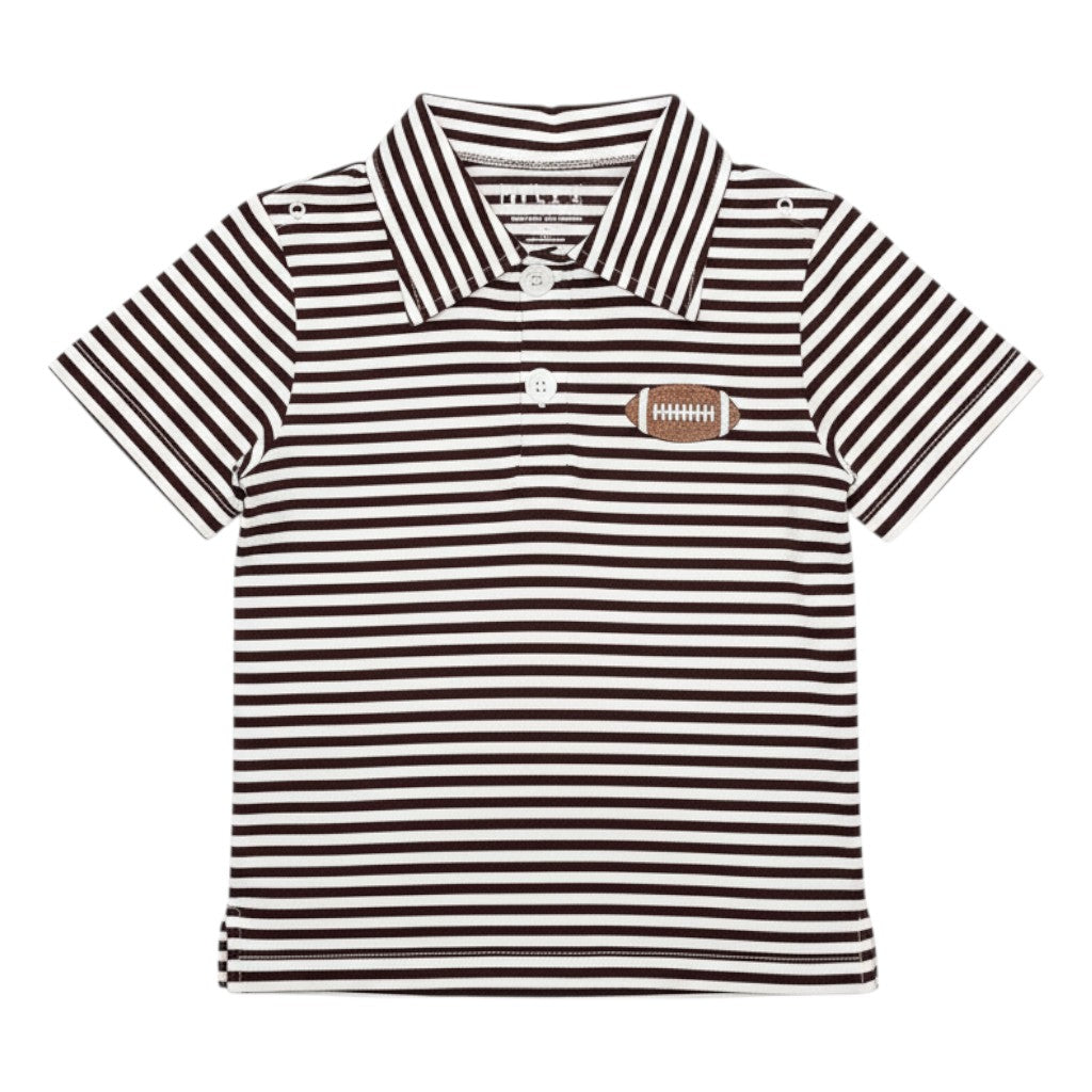 ntrl co. maroon and white striped knit polo shirt with football embroidery. Short sleeves, collared, button front.