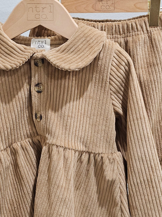 Corduroy Collared Long Sleeve Dress w/Biker Short Woodland Beige