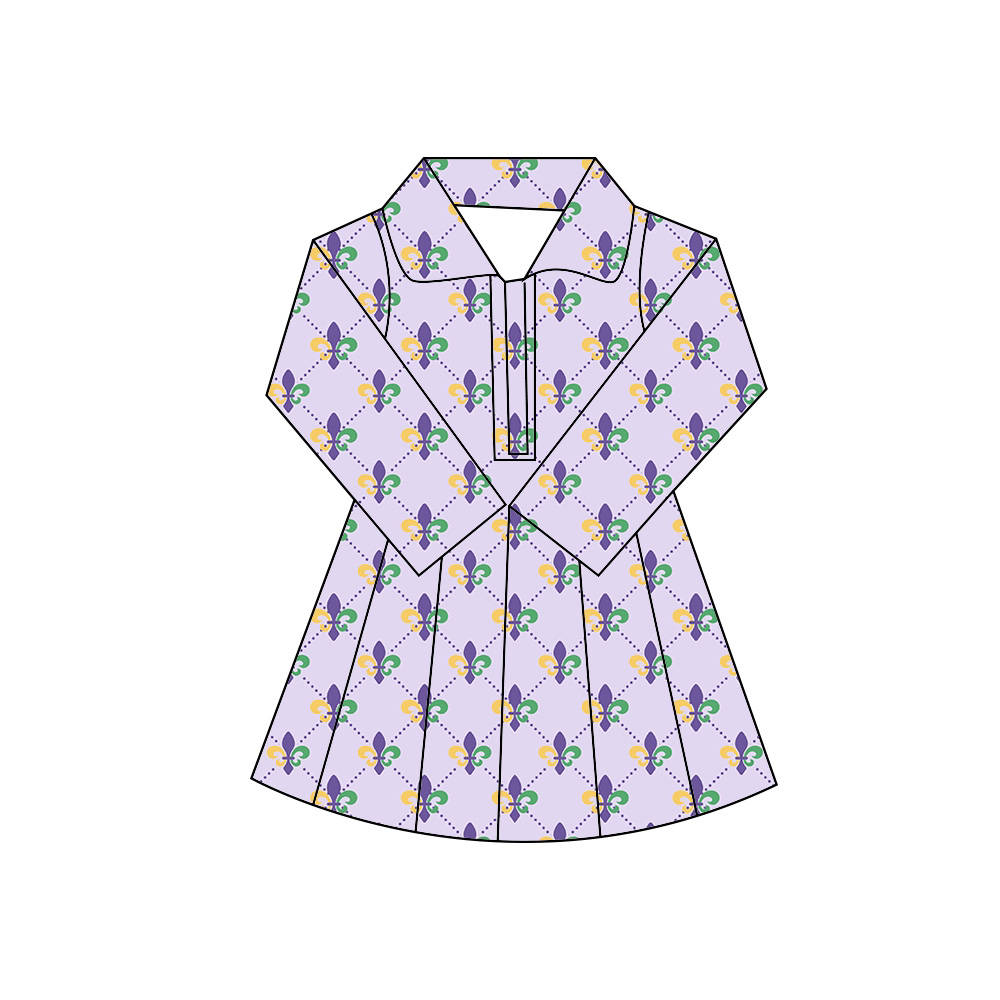 Long Sleeve Collared Activewear Dress - Mardi Gras Fleur De Lis
