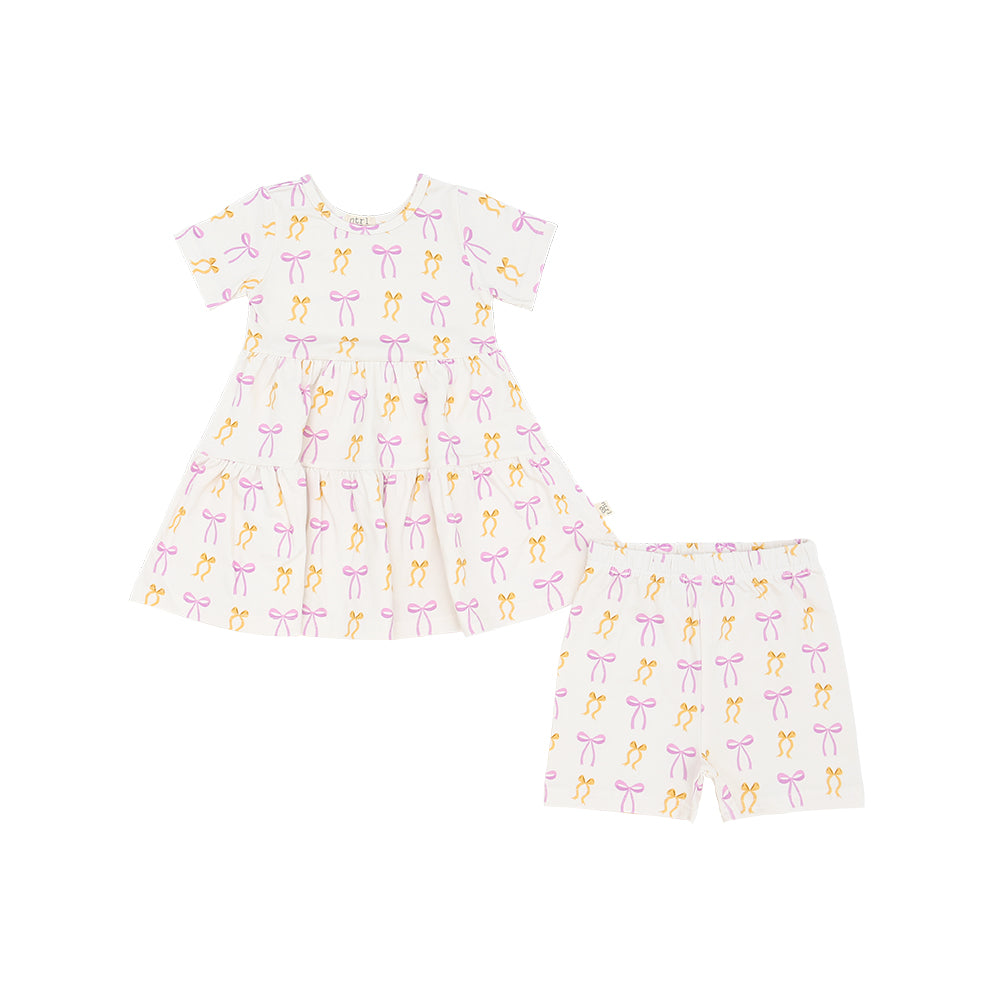 Put A Bow On It! Short Sleeve Twirl Dress w/Biker Shorts