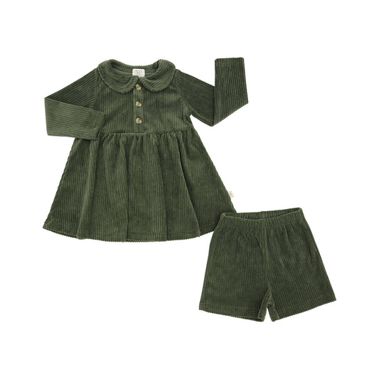 Corduroy Collared Long Sleeve Dress w/Biker Short Autumn Evergreen