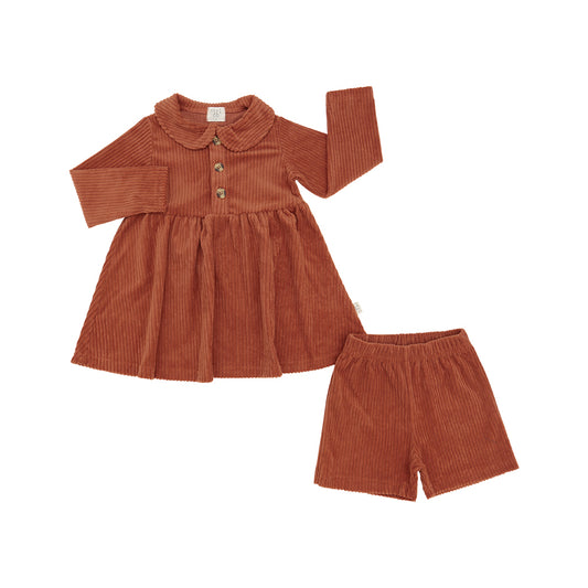 Corduroy Collared Long Sleeve Dress w/Biker Short Pumpkin Spice