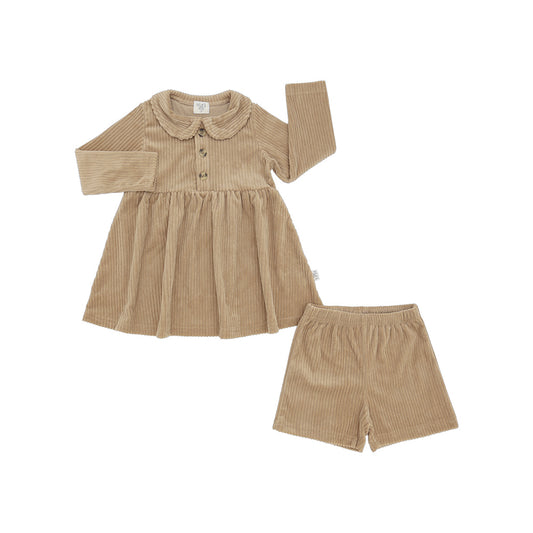 Corduroy Collared Long Sleeve Dress w/Biker Short Woodland Beige