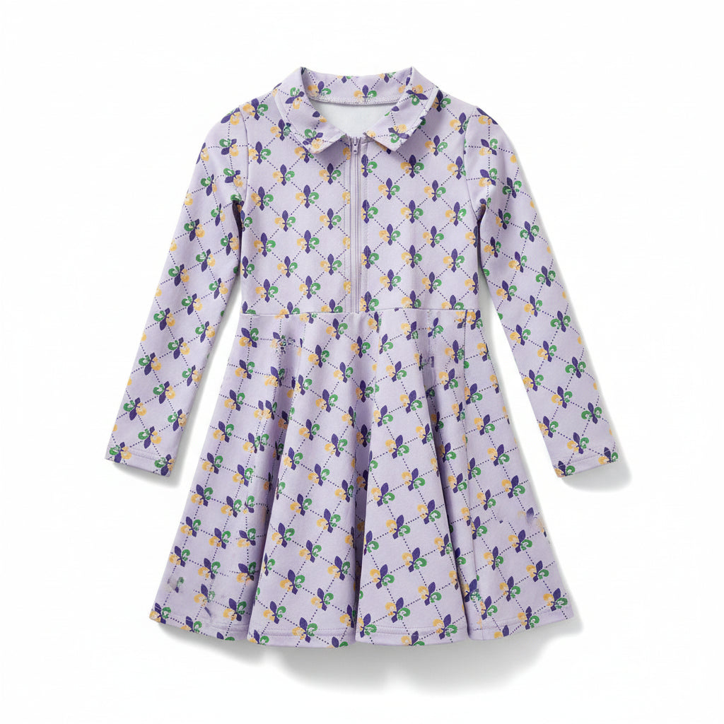 Long Sleeve Collared Activewear Dress - Mardi Gras Fleur De Lis