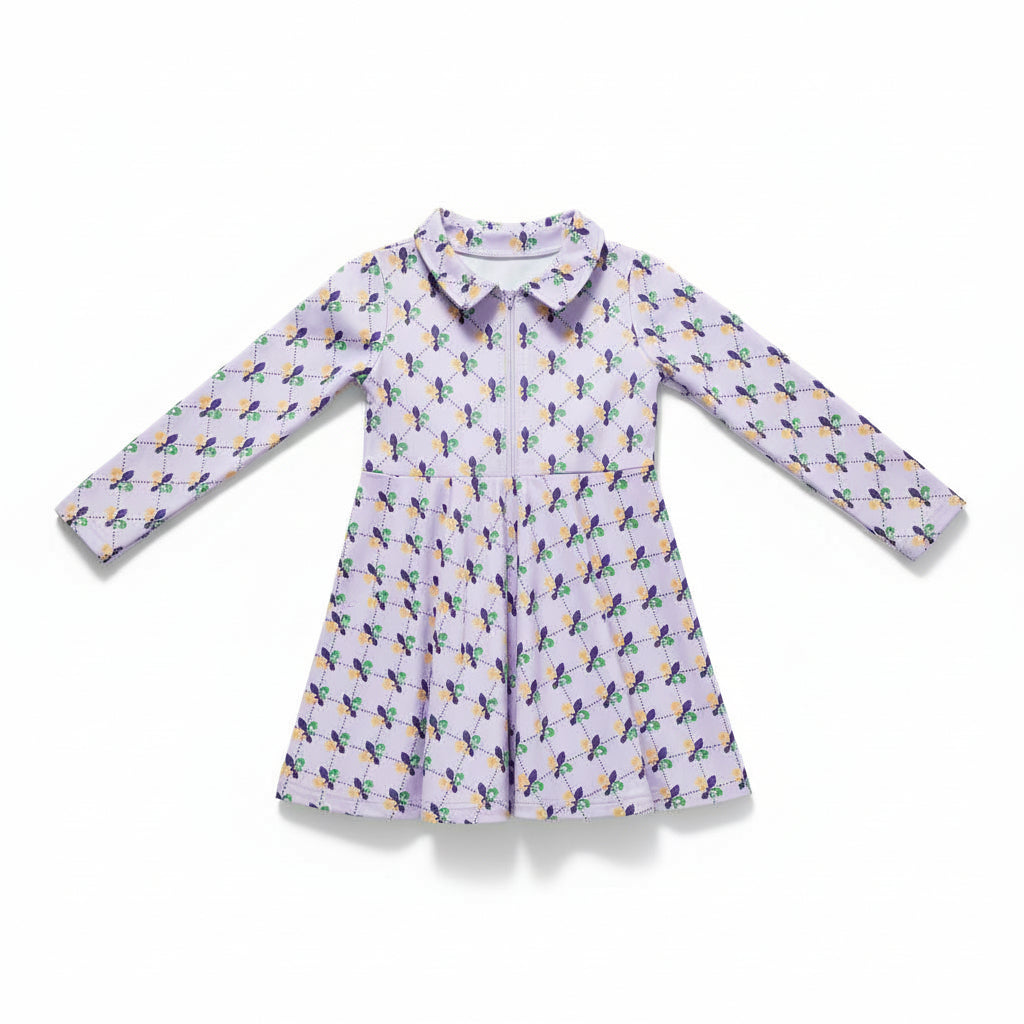 Long Sleeve Collared Activewear Dress - Mardi Gras Fleur De Lis
