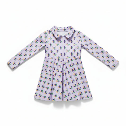 Long Sleeve Collared Activewear Dress - Mardi Gras Fleur De Lis
