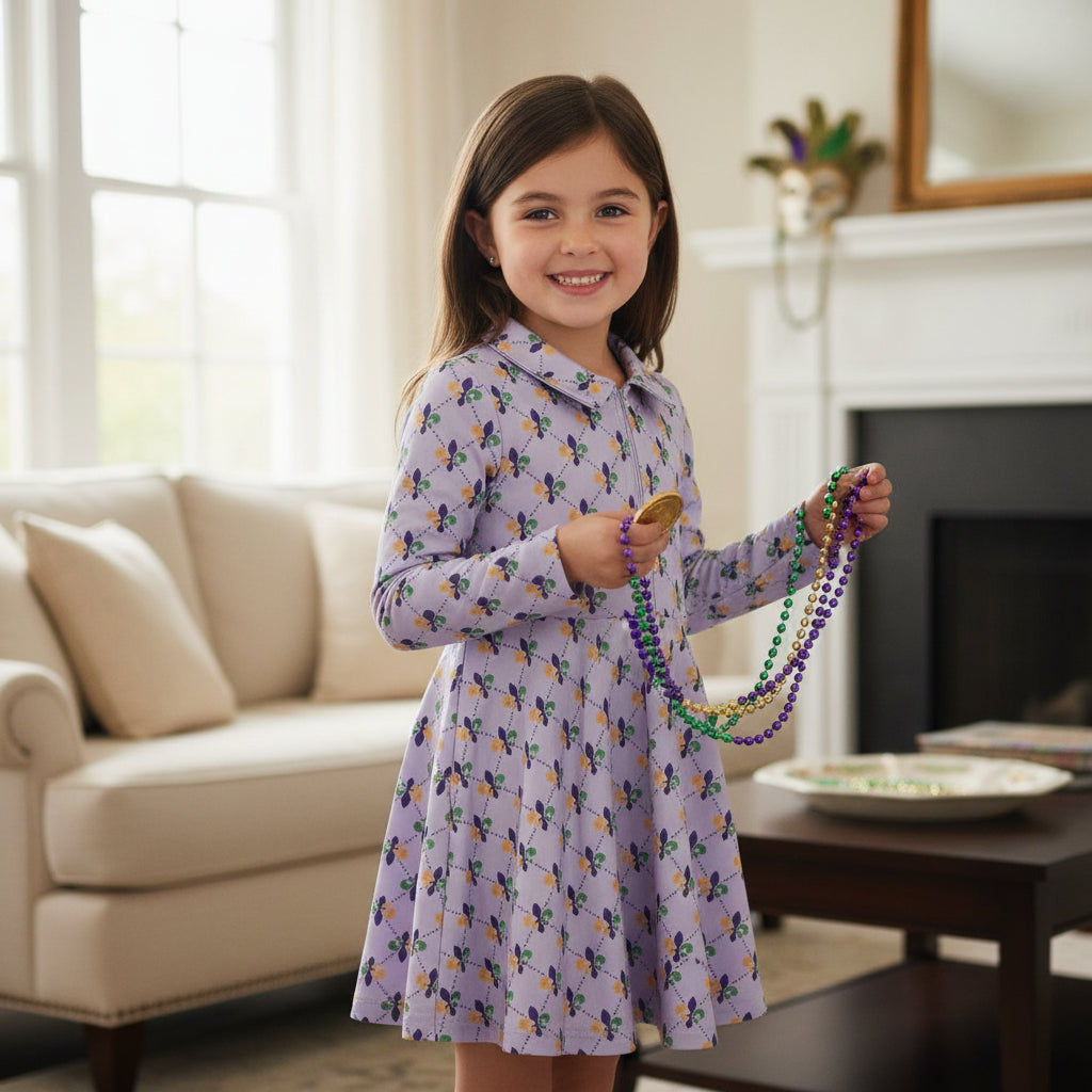 Long Sleeve Collared Activewear Dress - Mardi Gras Fleur De Lis