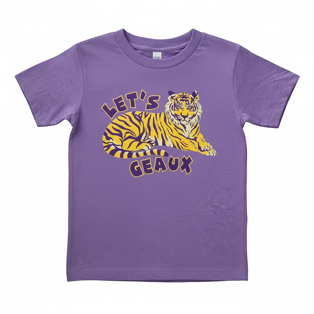 ntrl co. purple cotton graphic tee with a tiger and "Let's Geaux" text.