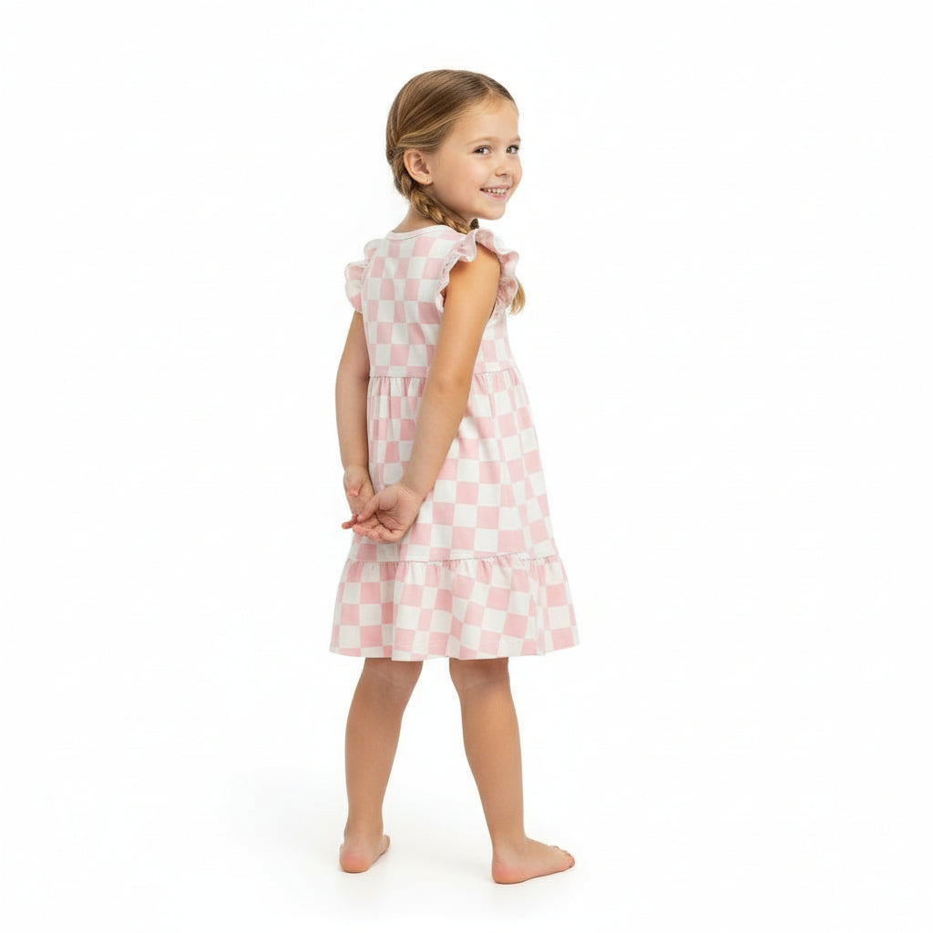 Barefoot Breeze – Ruffle Sleeve Dress | Coastal Check |  Pink