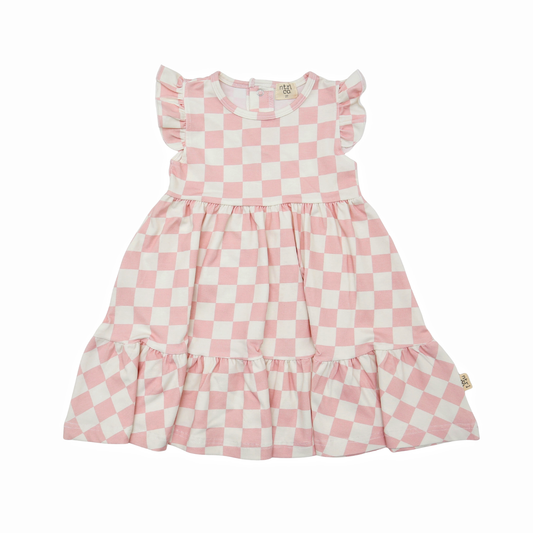 Barefoot Breeze – Ruffle Sleeve Dress | Coastal Check |  Pink